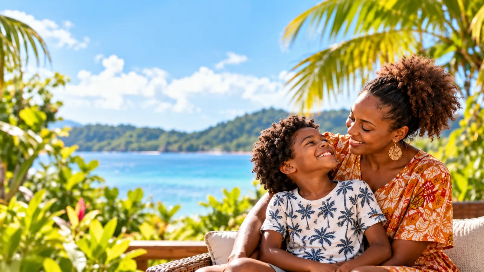 Une maman et son enfant qui se sourient, face à la mer